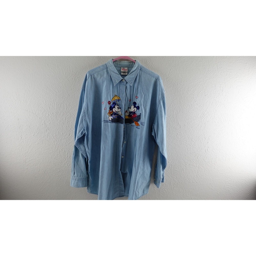 Disney Store Embroidered Mickey & Minnie Long Sleeve Denim Camp Shirt Size XL